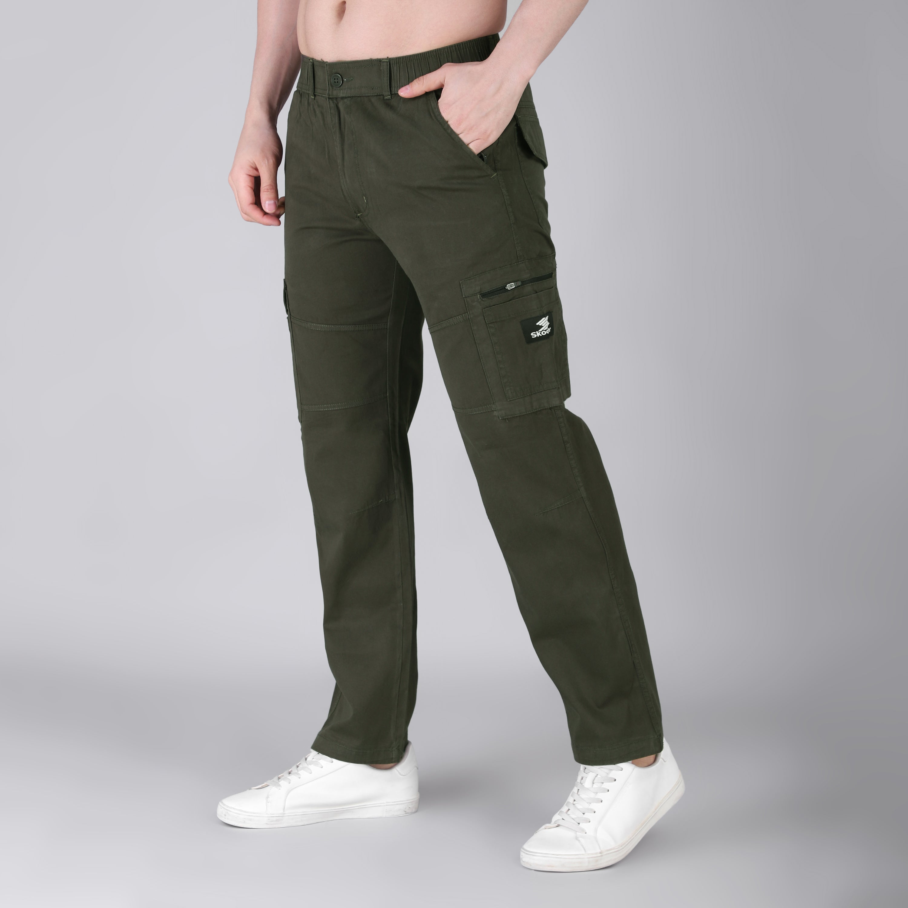 Men's Regular fit multiutility 100% cotton casual cargo trouser (SA30_pure cotton, Olive)