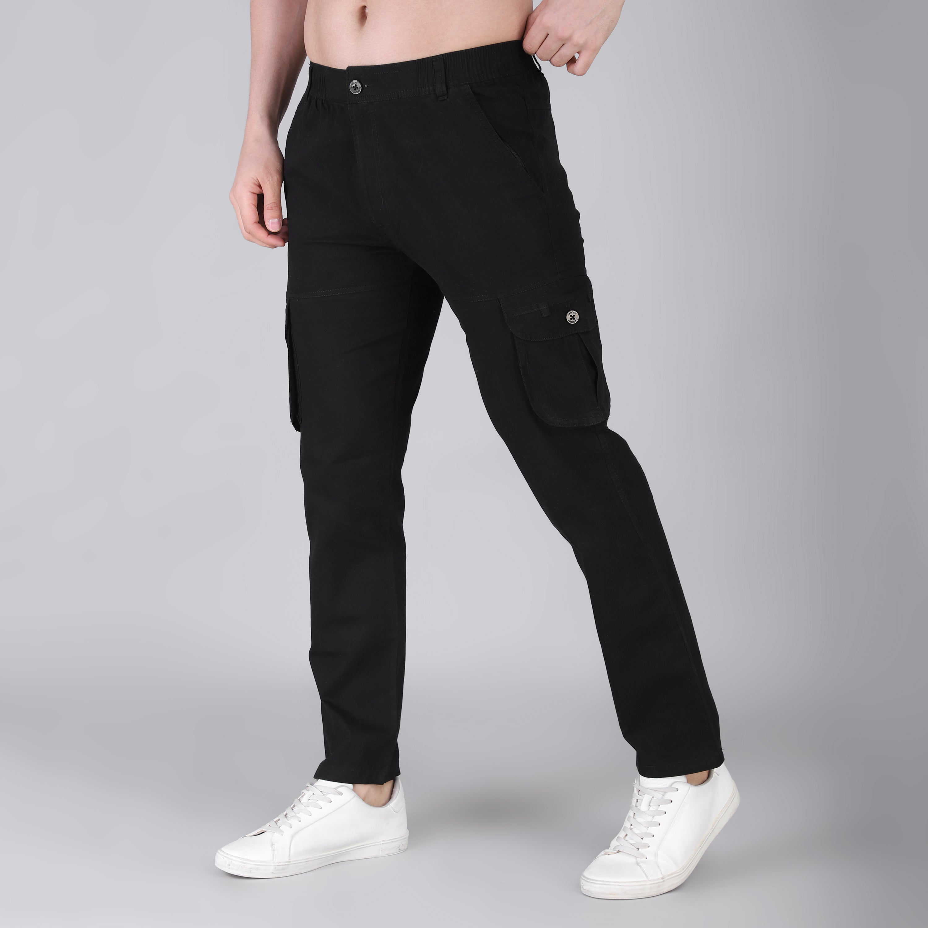 Men's Regular fit multiutility 100% cotton casual cargo trouser (SA19_pure cotton, Black,)