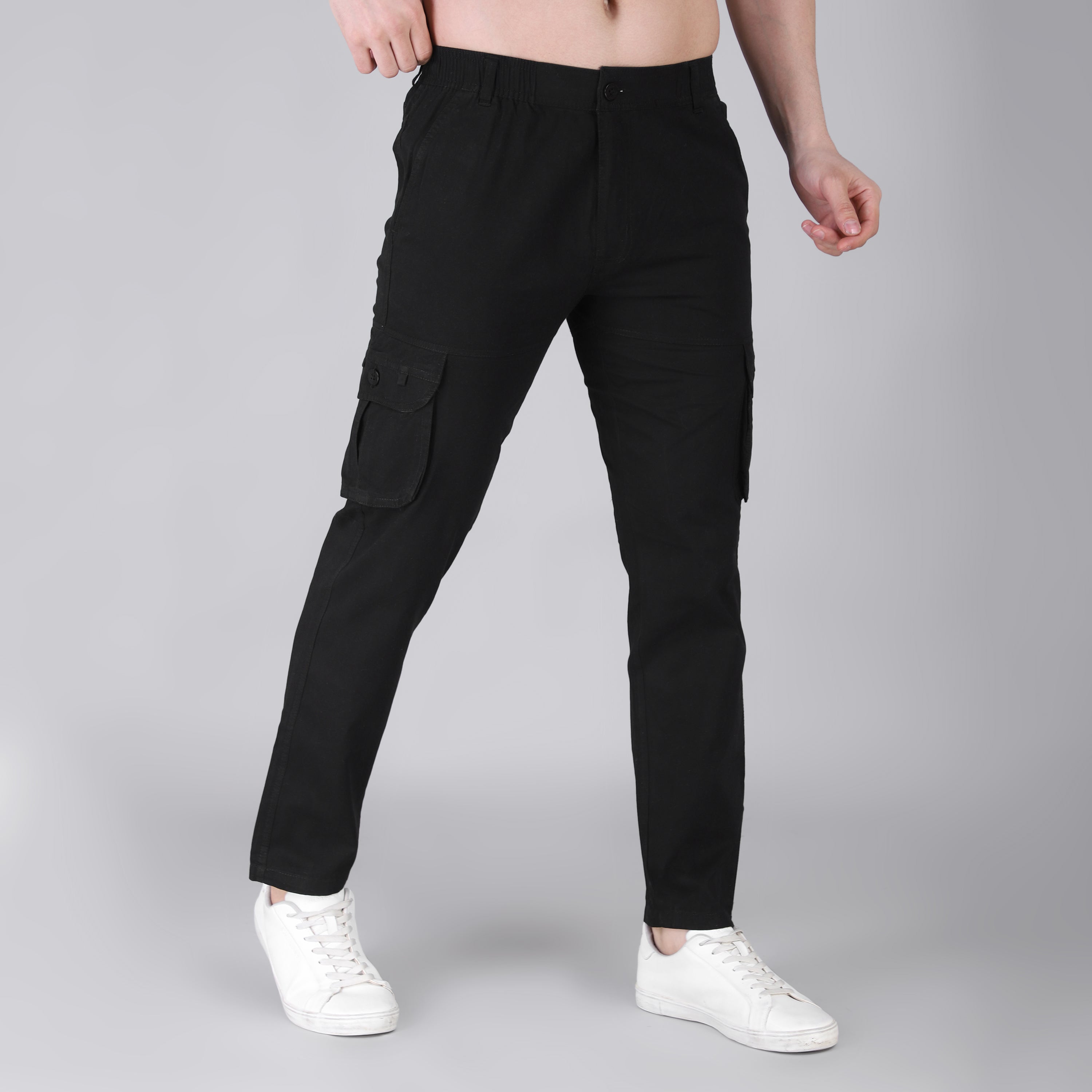 Men's Regular fit multiutility 100% cotton casual cargo trouser (SA19_pure cotton, Black,)