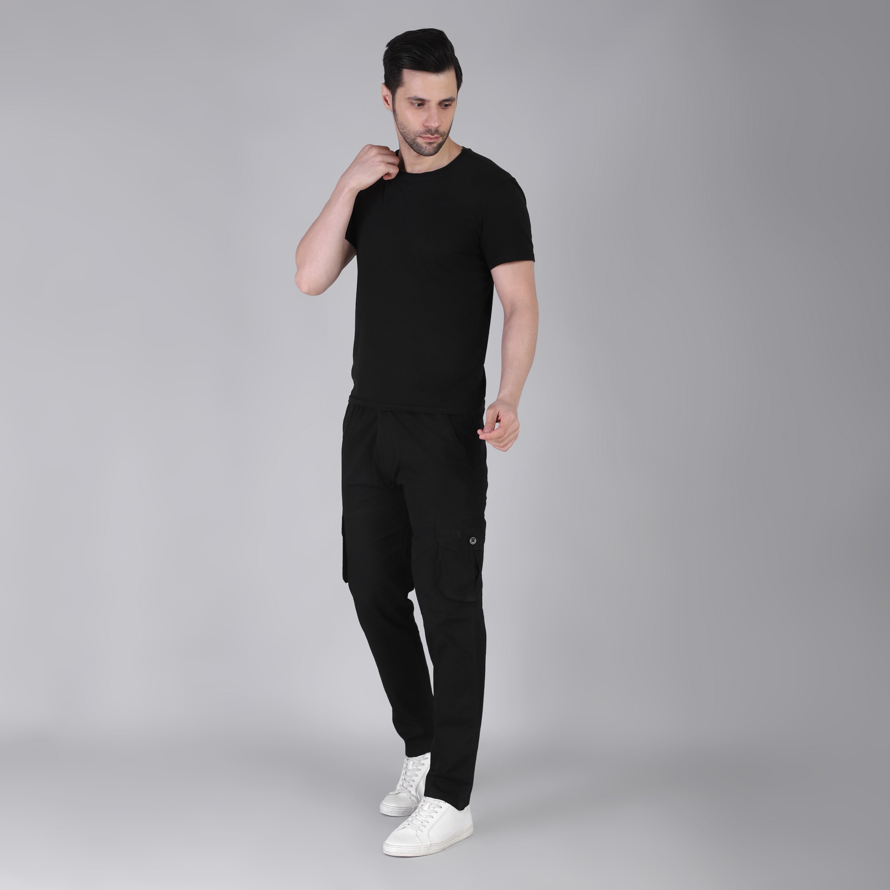 Men's Regular fit multiutility 100% cotton casual cargo trouser (SA19_pure cotton, Black,)