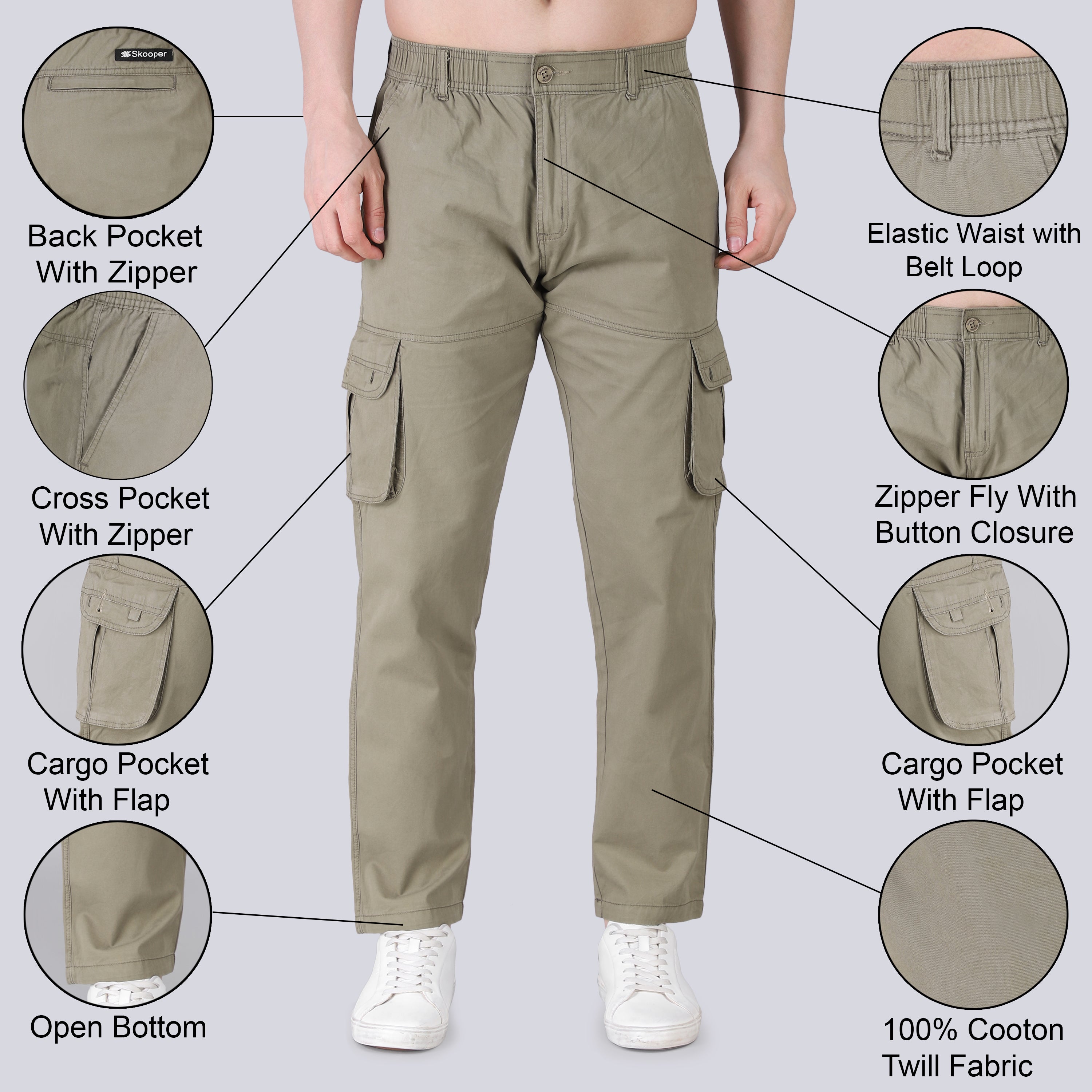 Men's Regular fit multiutility 100% cotton casual cargo trouser (SA19_pure cotton, Black,)