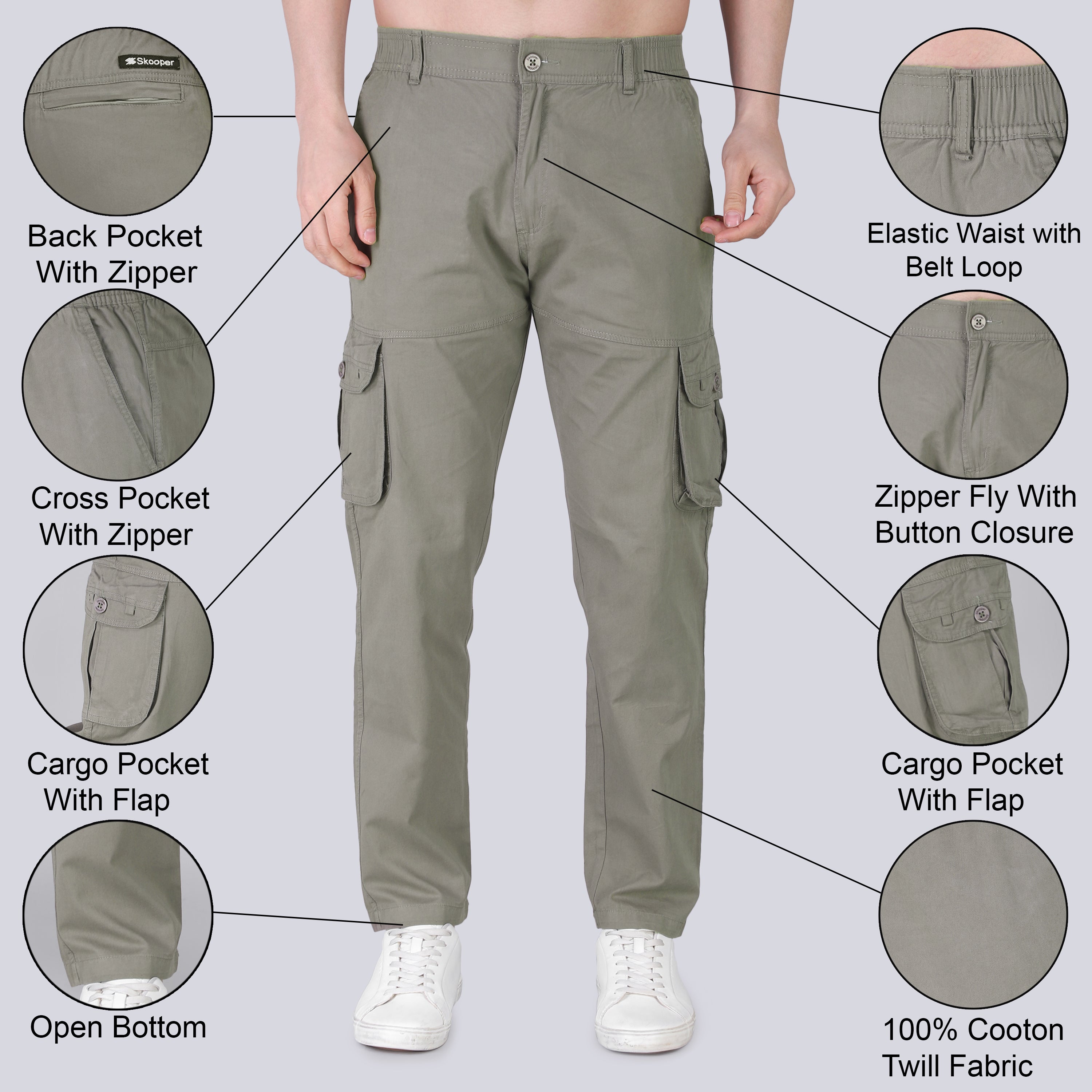 Men's Regular fit multiutility 100% cotton casual cargo trouser (SA19_pure cotton, Black,)