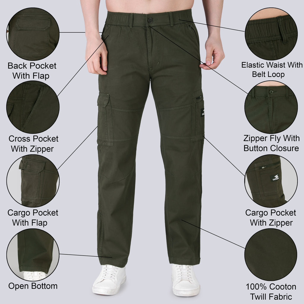 Men's Regular fit multiutility 100% cotton casual cargo trouser (SA30_pure cotton, Olive)