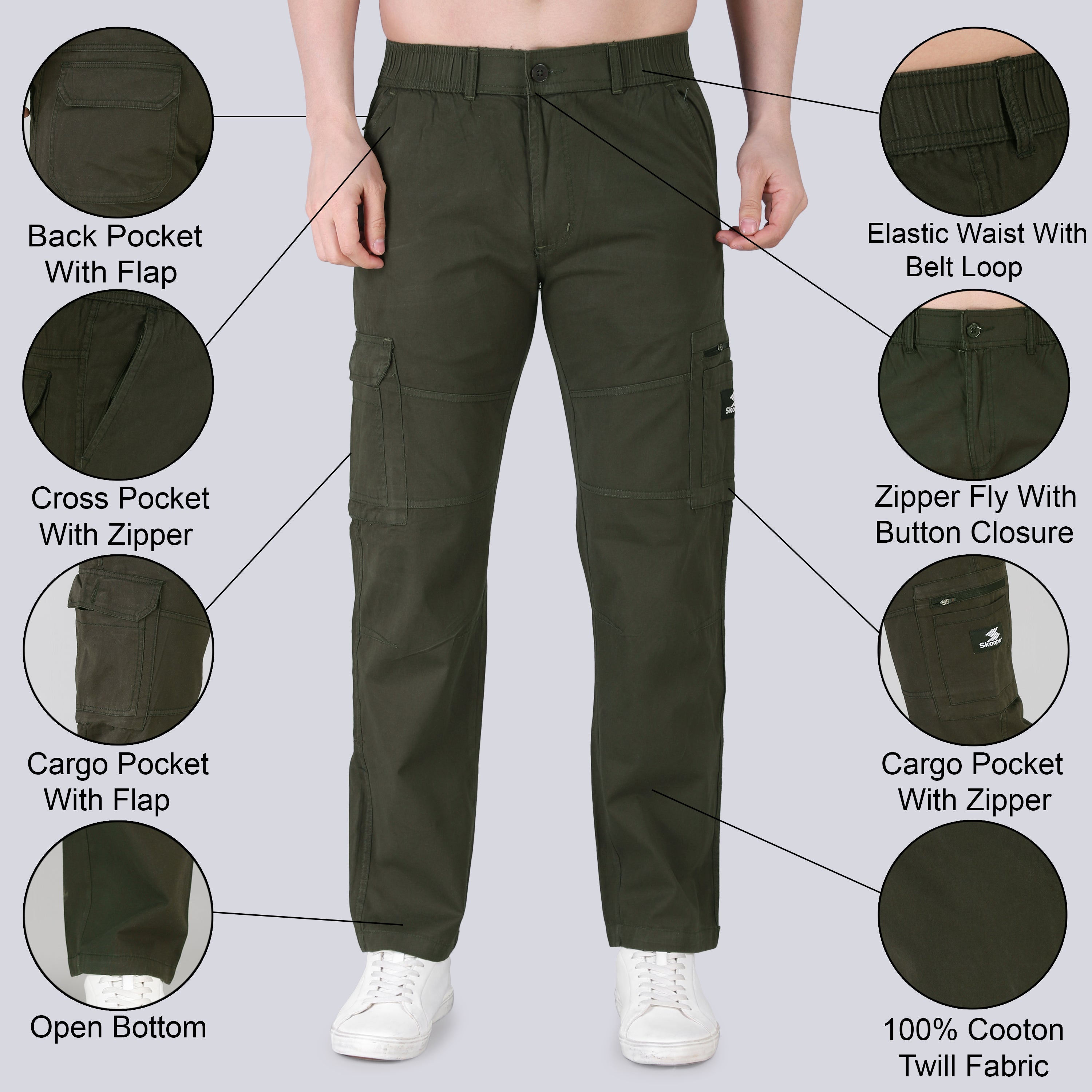 Men's Regular fit multiutility 100% cotton casual cargo trouser (SA30_pure cotton, Olive)