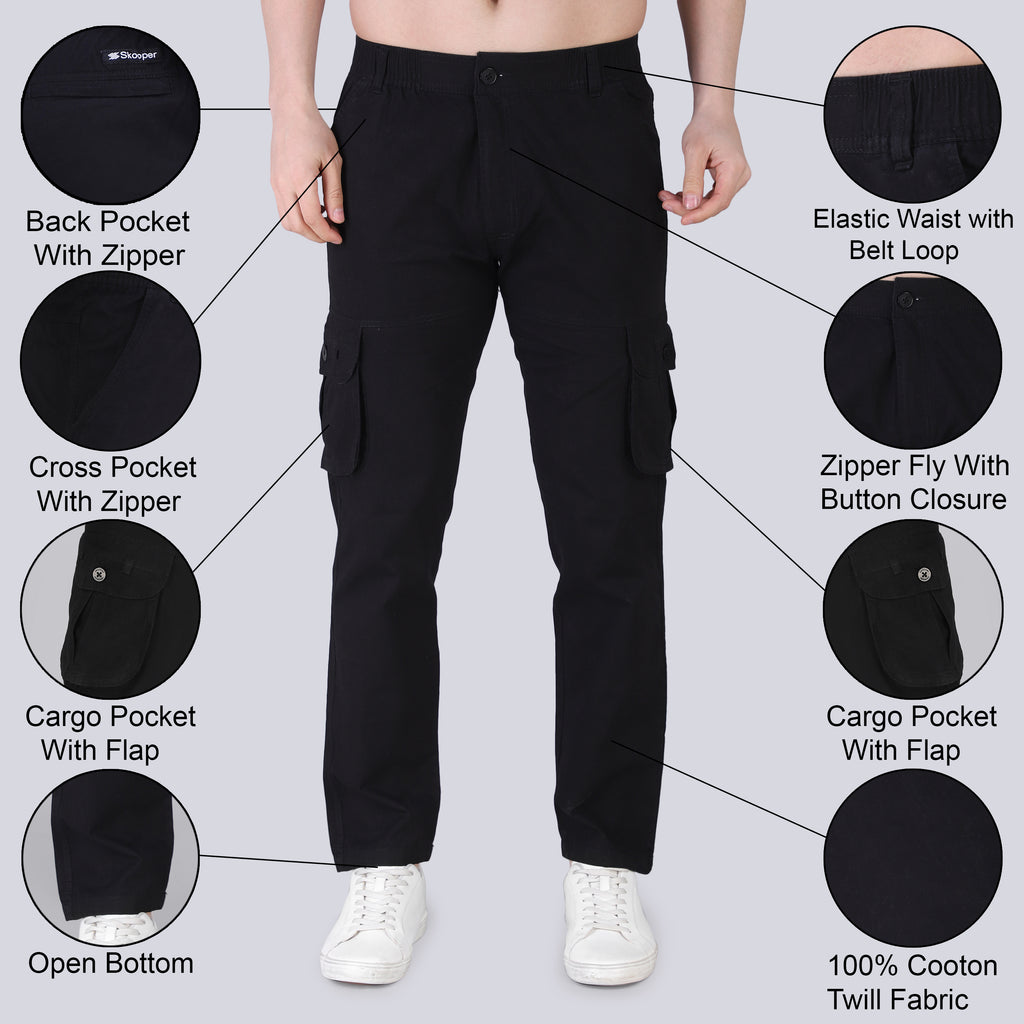 Men's Regular fit multiutility 100% cotton casual cargo trouser (SA19_pure cotton, Black,)