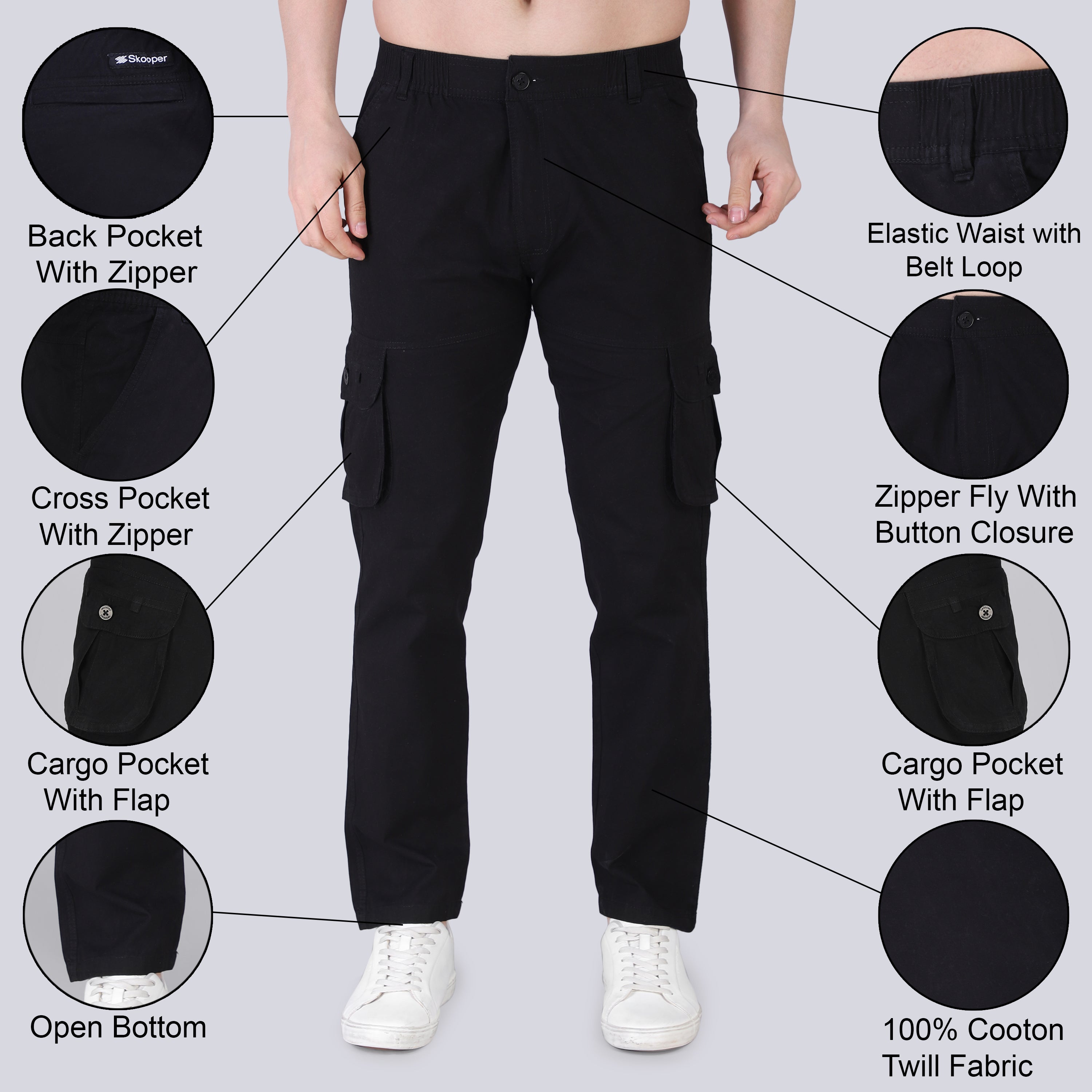 Men's Regular fit multiutility 100% cotton casual cargo trouser (SA19_pure cotton, Black,)